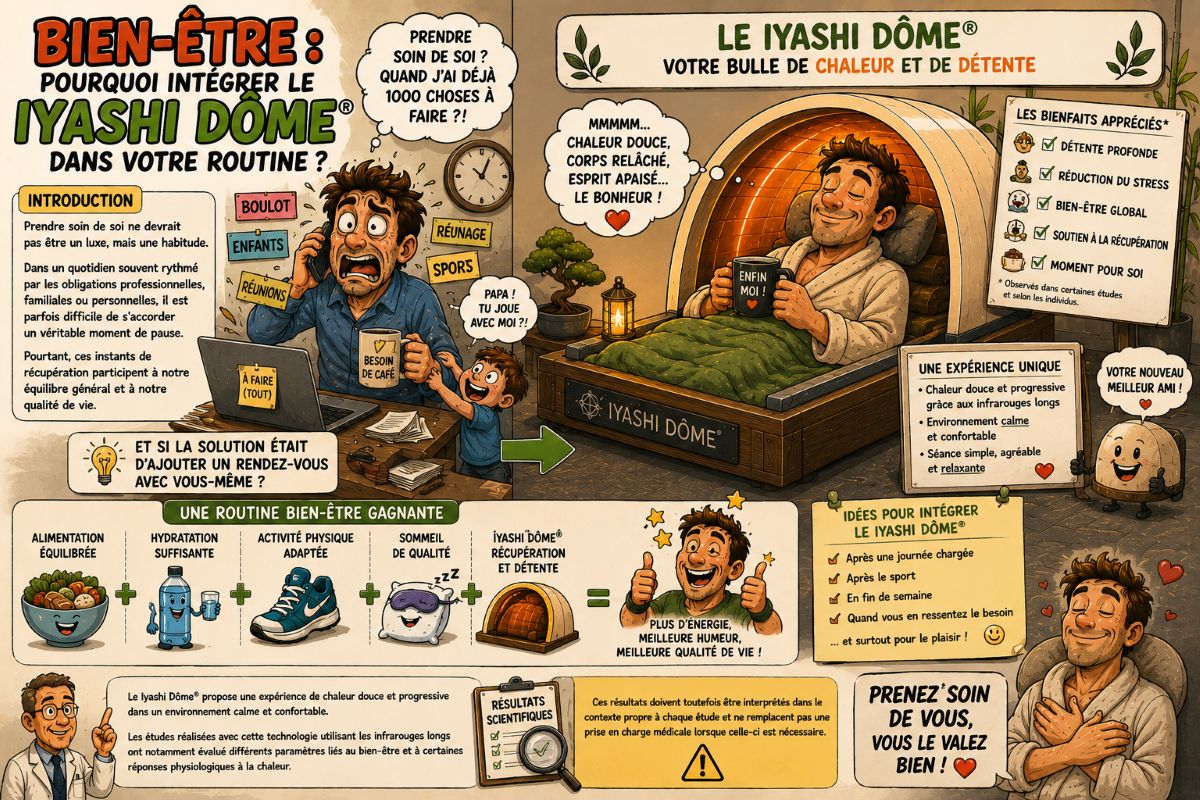 Bien-être et détente avec le Iyashi Dôme® Illustration humoristique montrant une personne faisant une pause bien-être grâce à une séance dans le véritable Iyashi Dôme® au cœur d'une routine équilibrée.