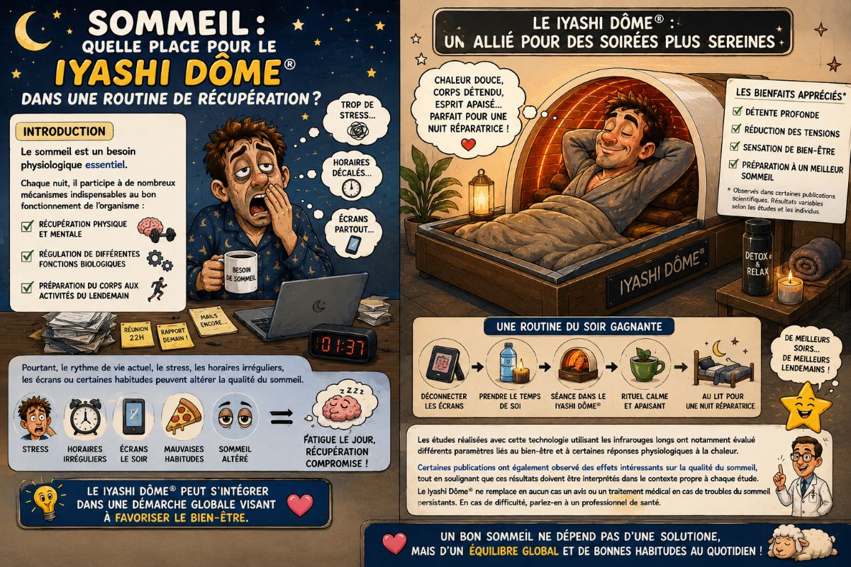 Sommeil et récupération avec le Iyashi Dôme® Illustration humoristique montrant une personne retrouvant une routine du soir apaisante et une meilleure récupération grâce à une séance dans le véritable Iyashi Dôme®.